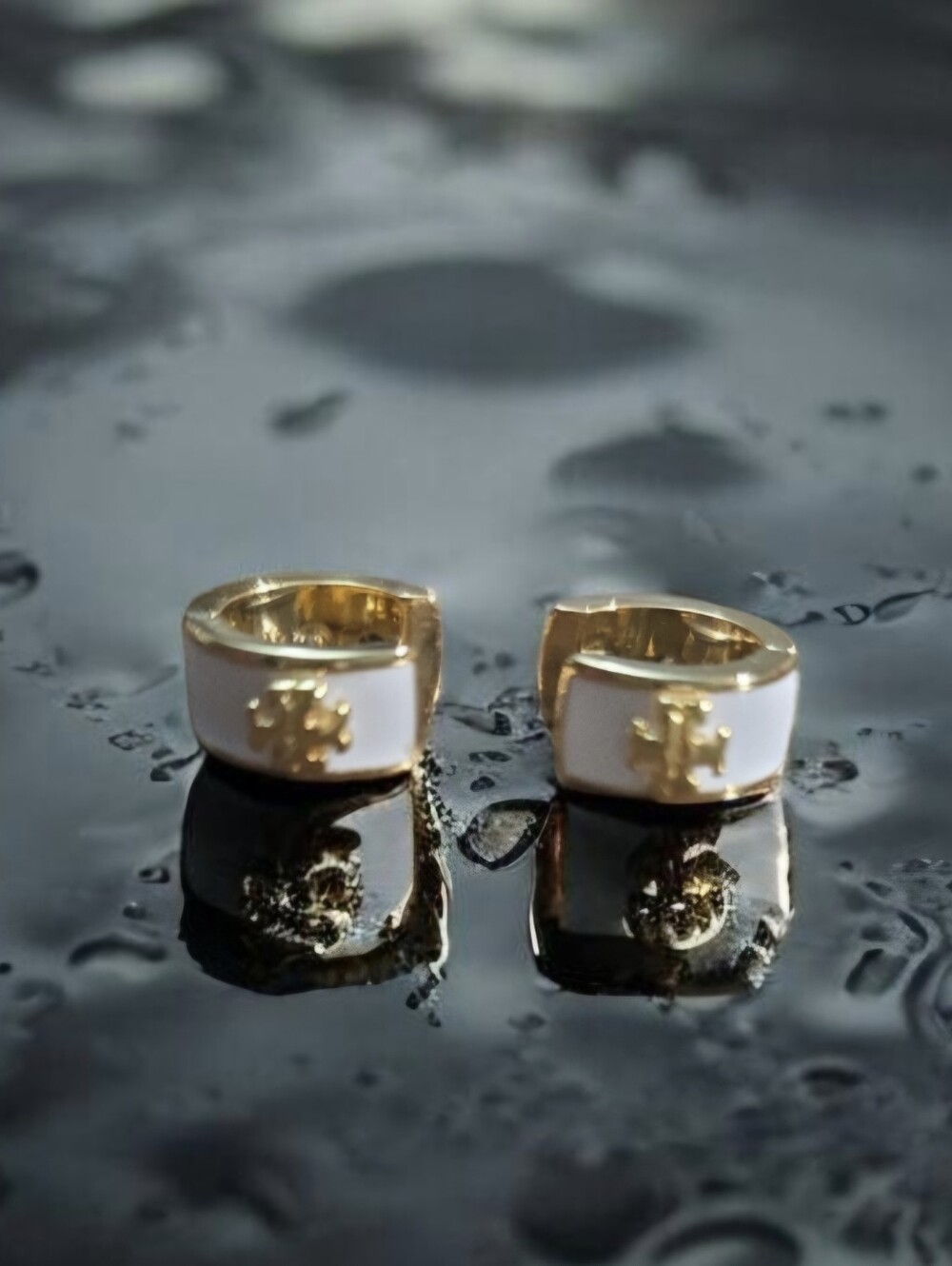 Tory Burch Gold and White Enamel Mini Huggie Earrings